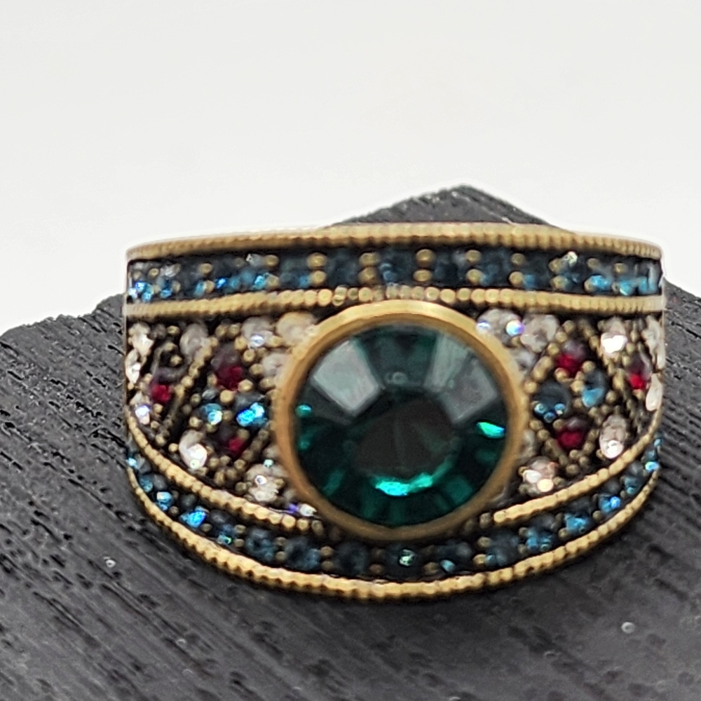 Heidi Daus Gold Ring with Green and Blue Accents Size 8